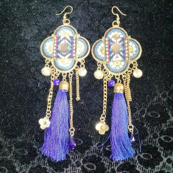 Iris Apfel & Bajalia Blue & Gold Embellished Tasseled HUGE Statement Earrings - Picture 4 of 11